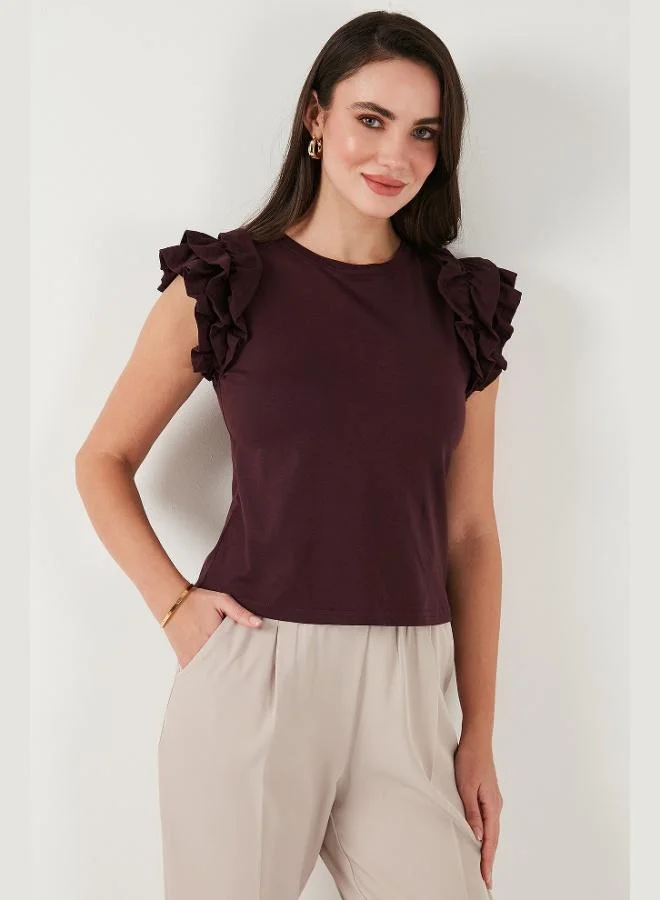 ليلا تيشيرت نسائي قطن بياقة دائرية وأكمام مكشكشة بقصة ضيقة